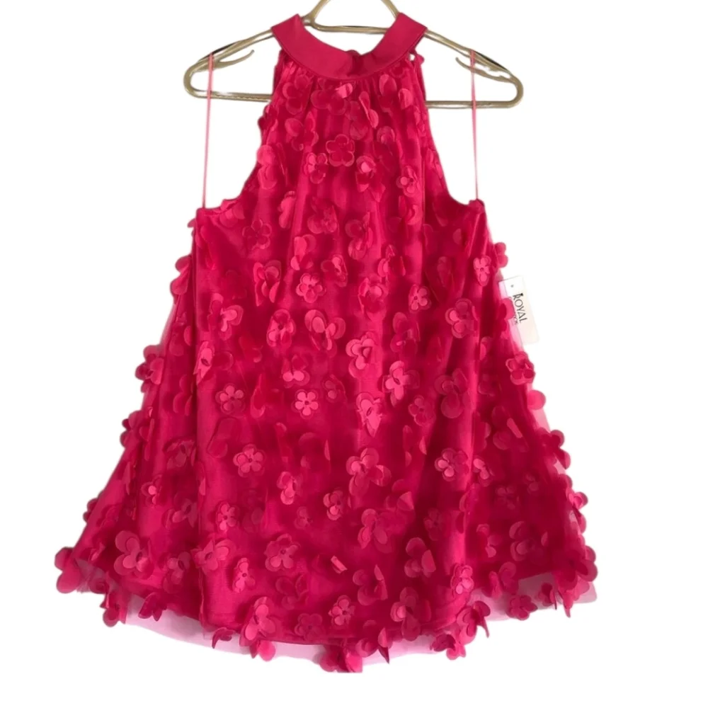 TCEC Pink 3D Floral Mini Halter Dress With Back Bow Tie Size M Valentine Party